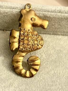 Vintage Gold Tone Seahorse Rhinestone Pendant Charm